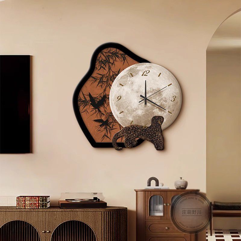 宋式美学挂钟中古风入户玄关钟表装饰画墨竹图餐厅壁画宋代美学电