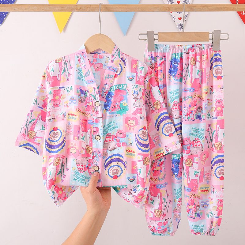 七分袖长裤套装夏季儿童绵绸睡衣男童女童棉绸薄款宝宝空调家居服