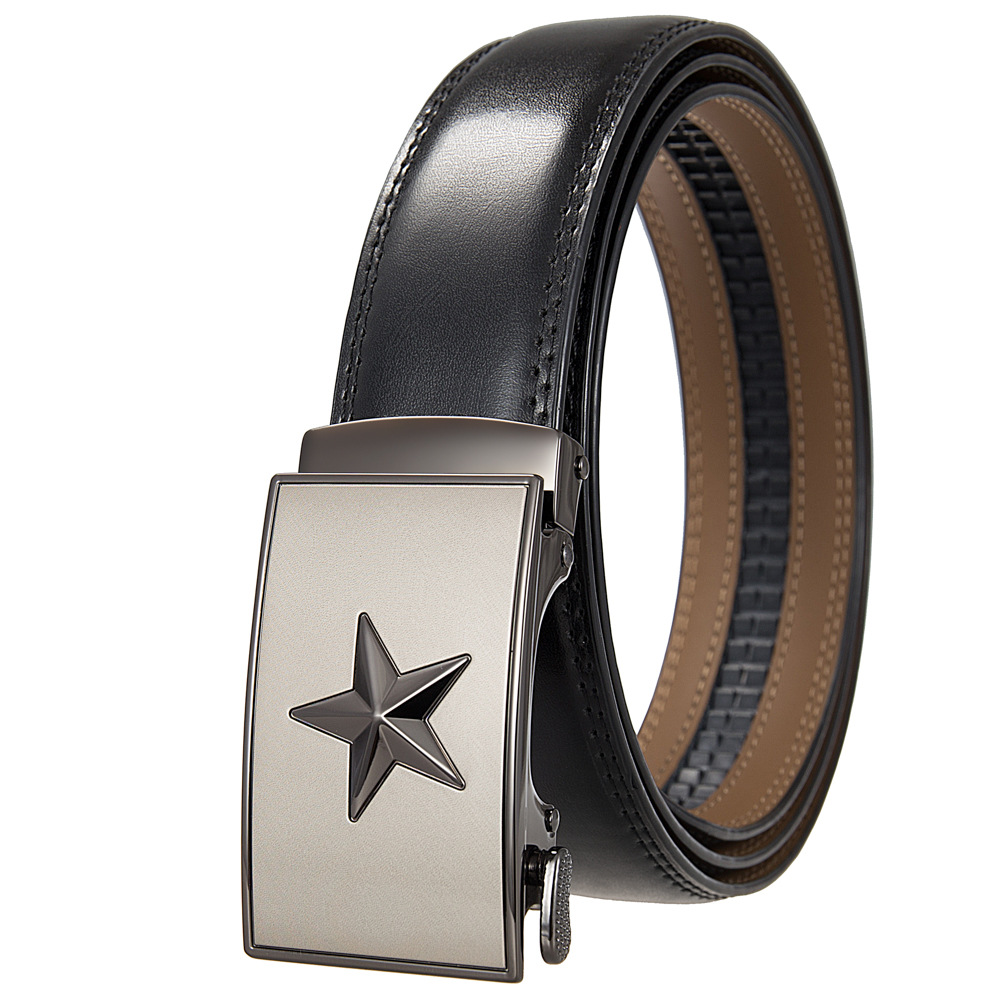 国庆节爱国新款自动扣皮带男士自动扣腰带星星扣头二层牛皮皮带