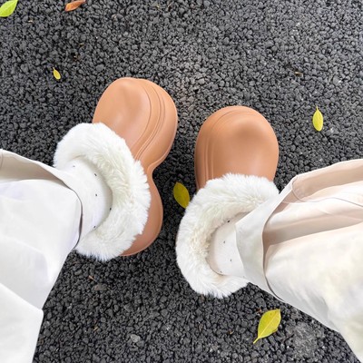 毛绒棉拖鞋厚底增高厨师鞋秋冬保暖可外穿包头棉鞋防滑防水毛毛鞋