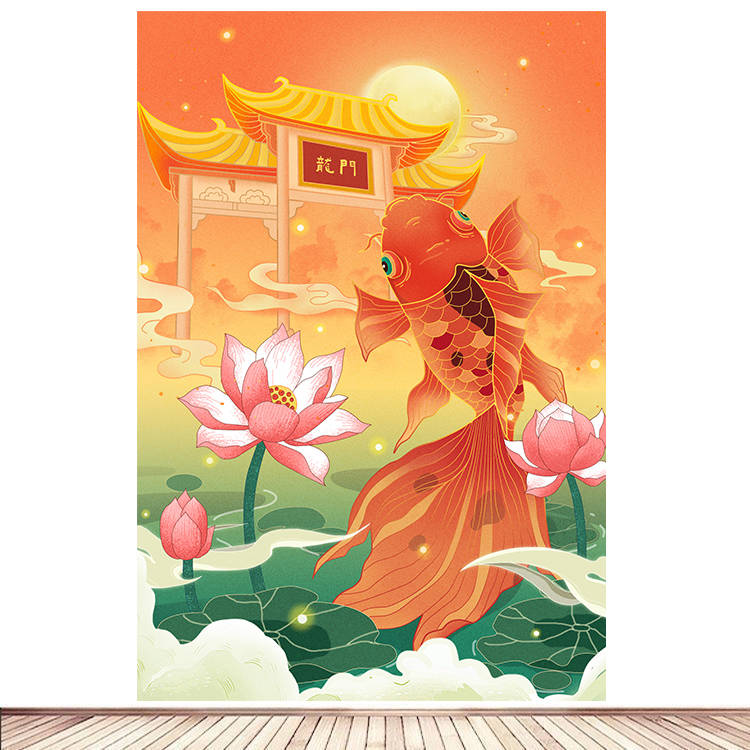 竖版鲤鱼跃龙门自粘贴纸画书房学习装饰画高考中考必胜励志墙贴画图片