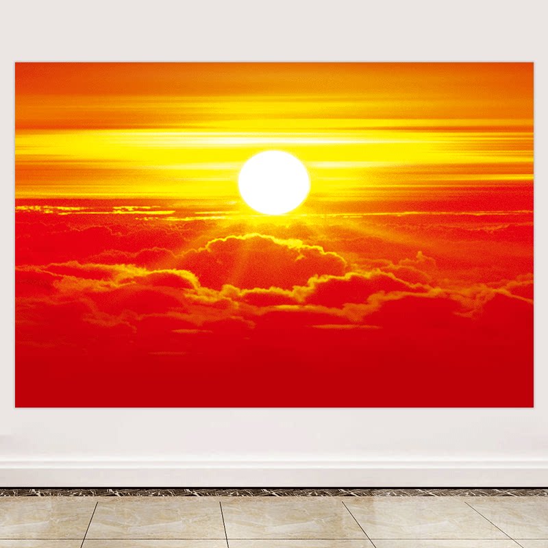 旭日东升日出装饰挂画无水太阳图案贴画聚财招财云海日出自粘壁画