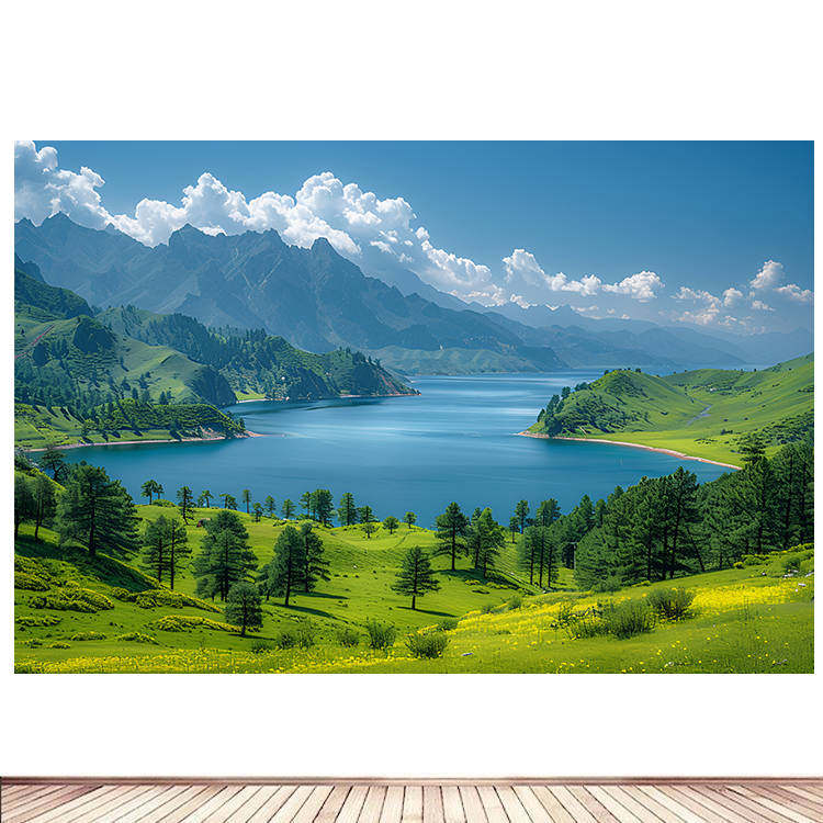 简约现代装饰画山水湖泊聚宝盆风景画海报定制房间卧室墙贴画6
