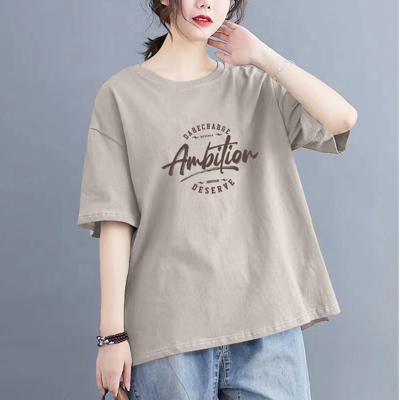 大码女装夏季新款纯棉印花短袖t恤时尚宽松显瘦藏肉百搭圆领上衣