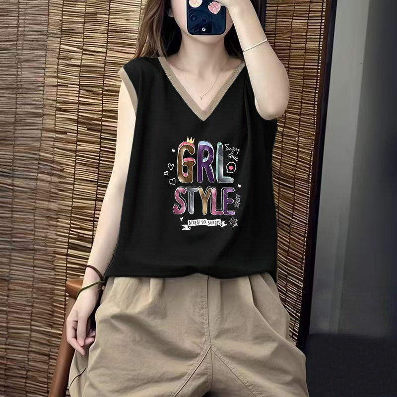 新款特价~女装100%纯棉印花拼色V领背心夏季时尚休闲宽松显瘦上衣