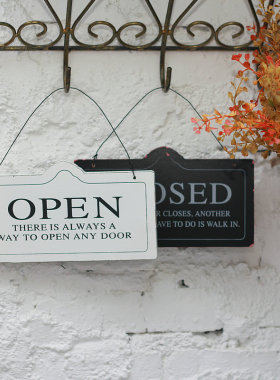 open做旧复古装饰挂牌欧式店铺双面门牌营业中牌创意简约黑白吊牌