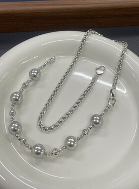 S925银做旧黑银圆肖邦链DIY珍珠加长链30cm半珠半链银配件