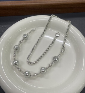 S925银做旧黑银圆肖邦链DIY珍珠加长链30cm半珠半链银配件