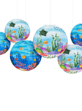 蓝色海底灯笼装饰布置世界生日派对主题悬挂灯笼儿童海洋纸挂饰