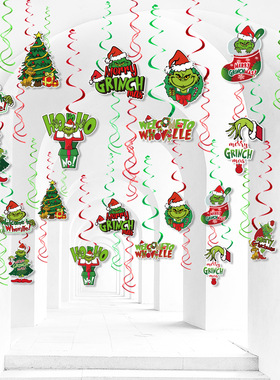 Grinchs格林奇圣诞派对装饰 圣诞节螺旋吊饰吊卡挂饰 场景布置