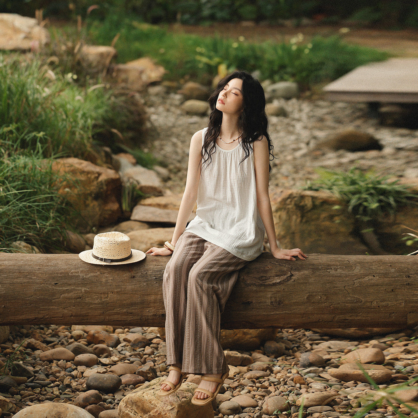 【婴儿棉】纯棉纱布睡衣女夏季棉纱无袖背心条纹直筒裤家居服套装
