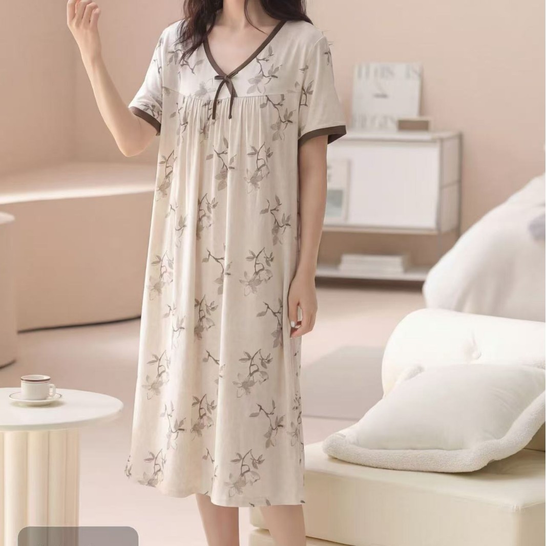 2026艾莱美带胸垫莫代尔睡裙新款夏季短袖甜美V领简约风睡衣6356