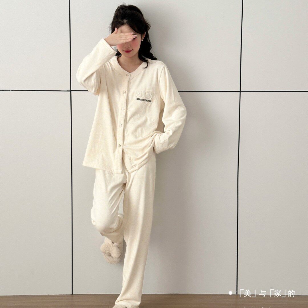 2025美芽草秋冬新款澳毛绒女士睡衣秋冬长袖长裤家居服套装32841