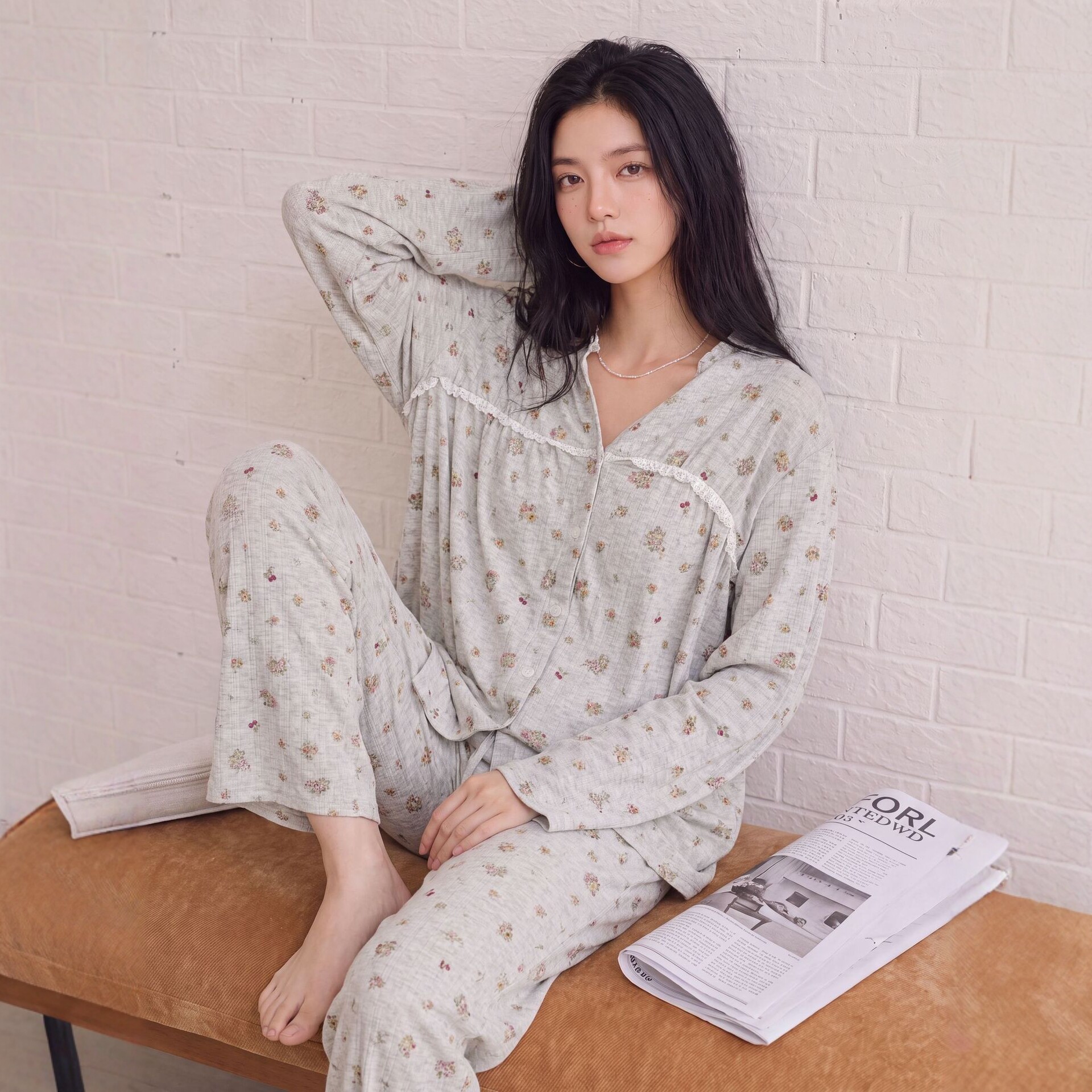 卜奈莱赛尔春秋碎花长袖睡衣女家居服套装甜美木耳边可外穿休闲服