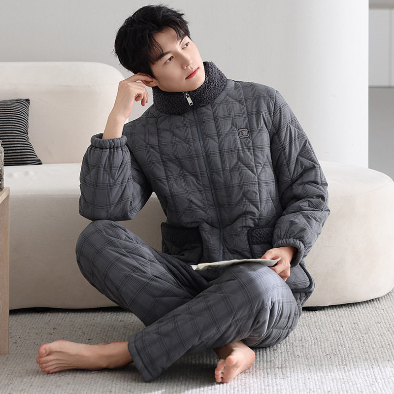 樱柏姿睡衣男士冬季羽绒夹棉三层加绒加厚2025新款青年保暖可外穿