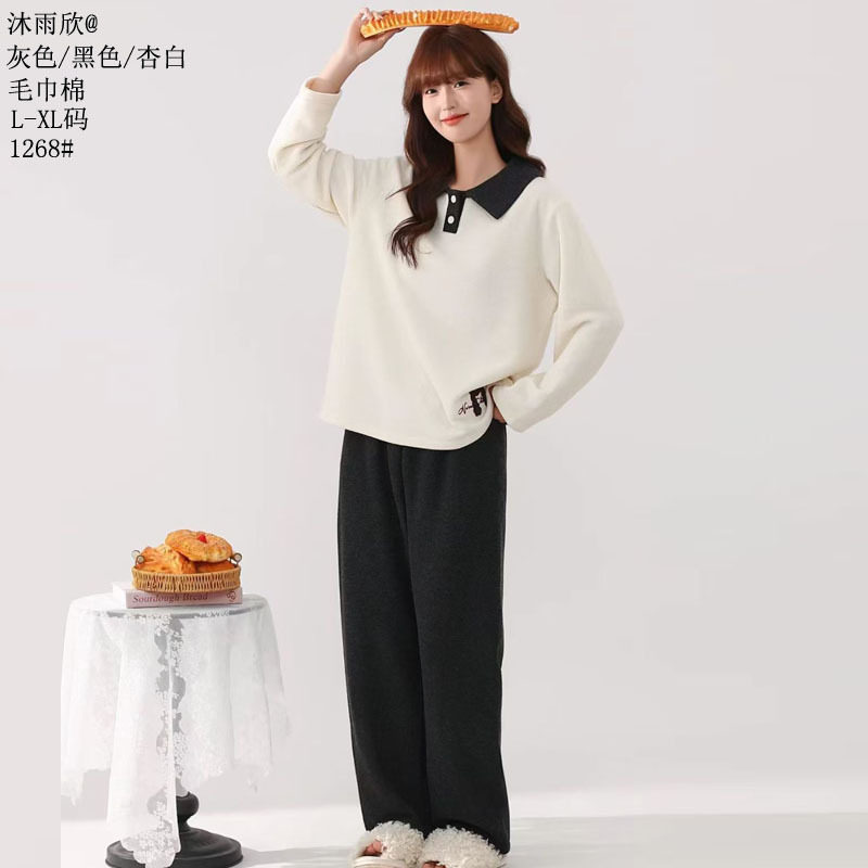 毛巾绒沐雨欣2026秋冬时尚毛巾棉家居服套装圆领女款绒料开衫睡衣