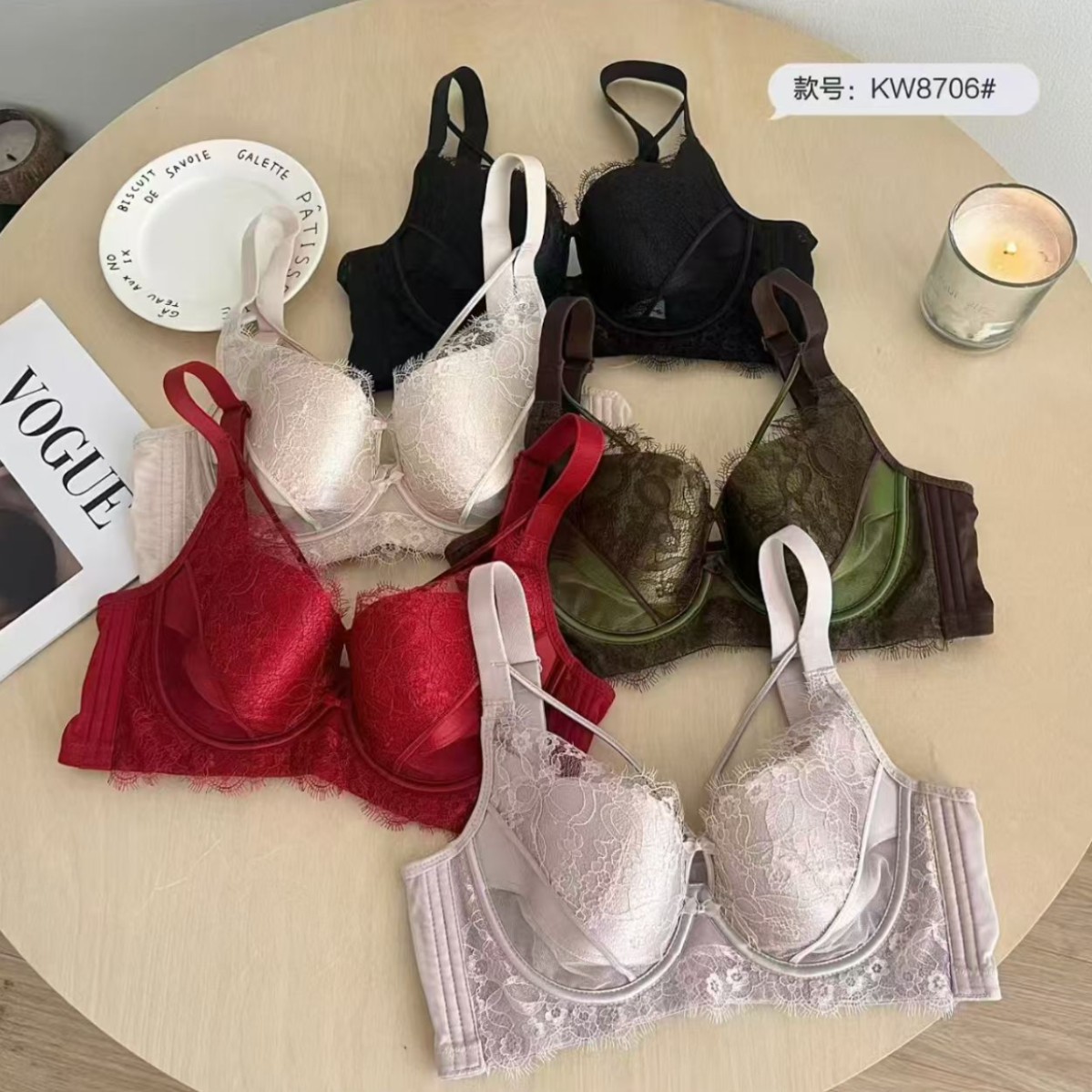 康舒美上托聚拢悬浮杯镂空网纱交叉美胸带收副乳调整型文胸罩8706