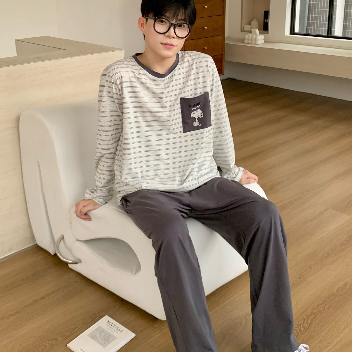 睡棠男士条纹史努比长袖睡衣秋季抗菌棉宽松圆领休闲家居服男套装