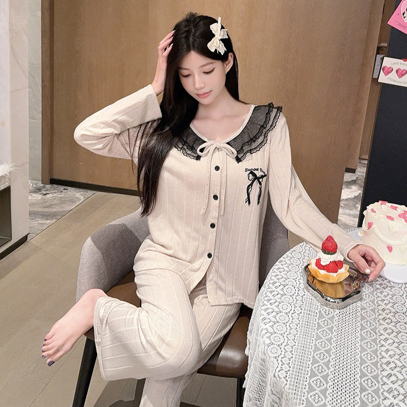 喔密哒春秋新品羊绒棉长袖长裤睡衣女甜美休闲减龄套装家居服外穿
