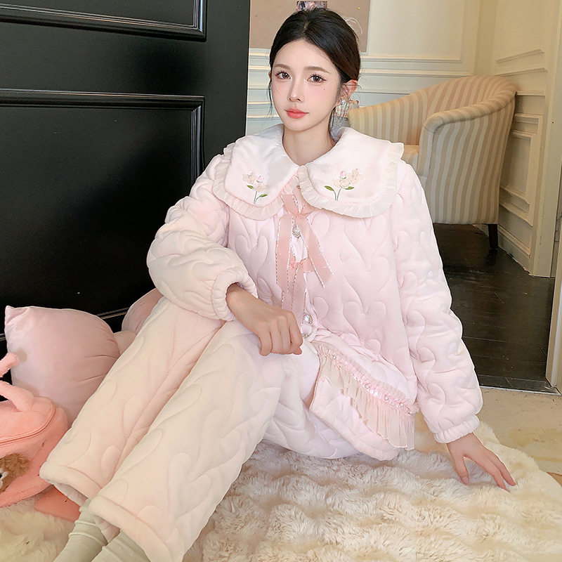 薇尔妮丝冬季珊瑚绒三层夹棉加厚睡衣女加绒保暖法兰绒家居服套装