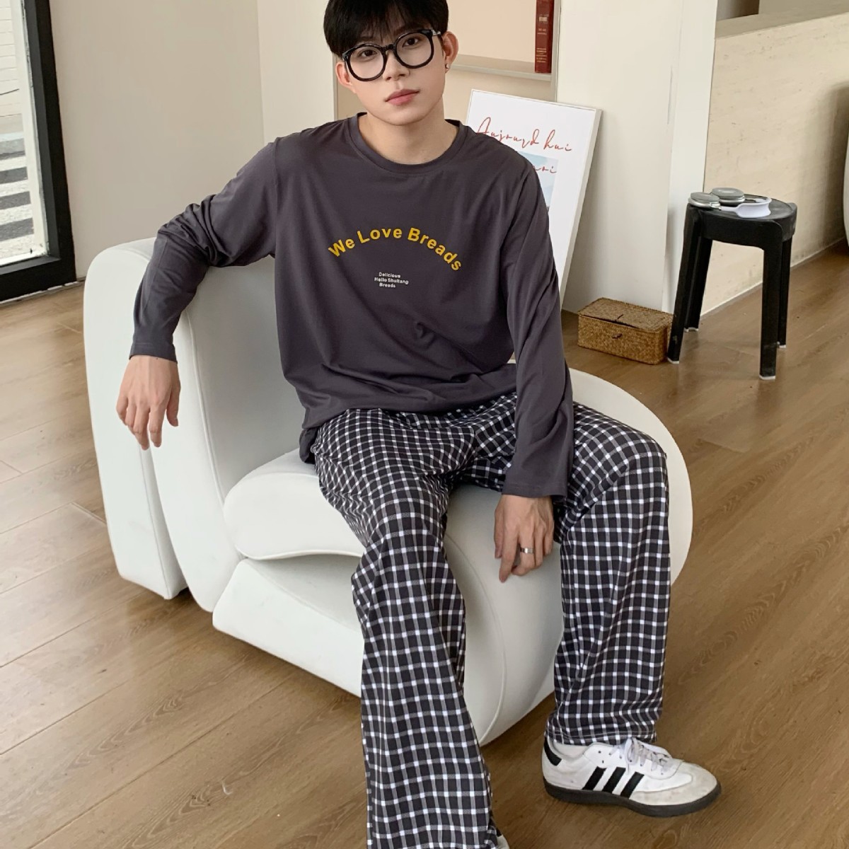 睡棠新款男士简约字母格纹家居服柔软透气抗菌棉长袖长裤睡衣男士