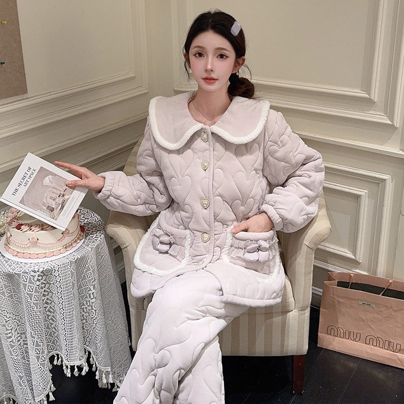 薇尔妮丝冬季珊瑚绒三层夹棉加厚睡衣女加绒保暖公主风家居服套装