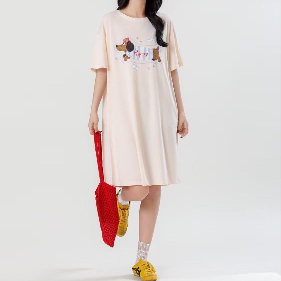 2026玉白菜夏季卡通莫棉睡裙女款圆领宽松休闲短袖睡衣8075睡裙子