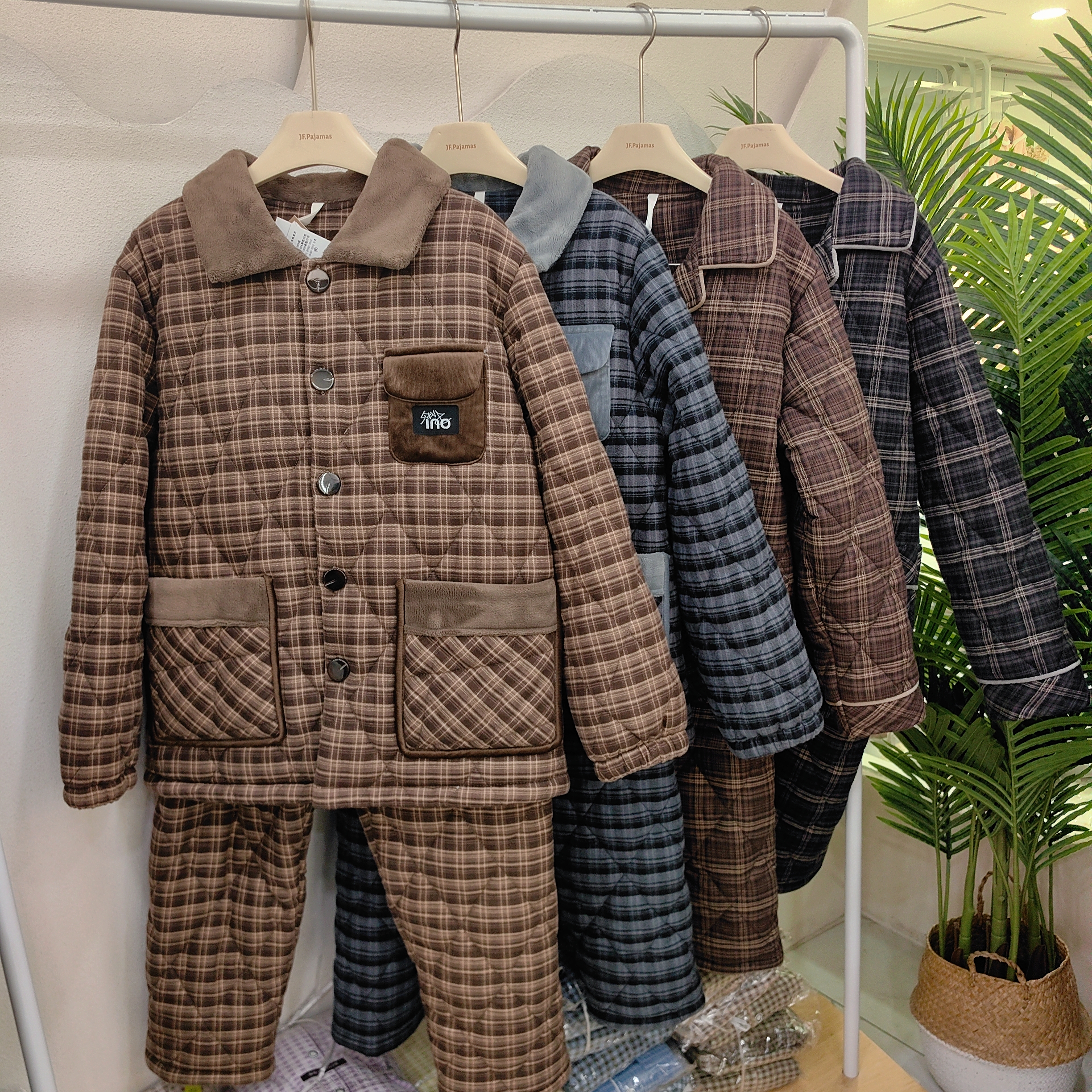 三层夹棉睡衣男士冬款加绒加厚磨毛格梭织纯棉袄保暖家居服波品牌