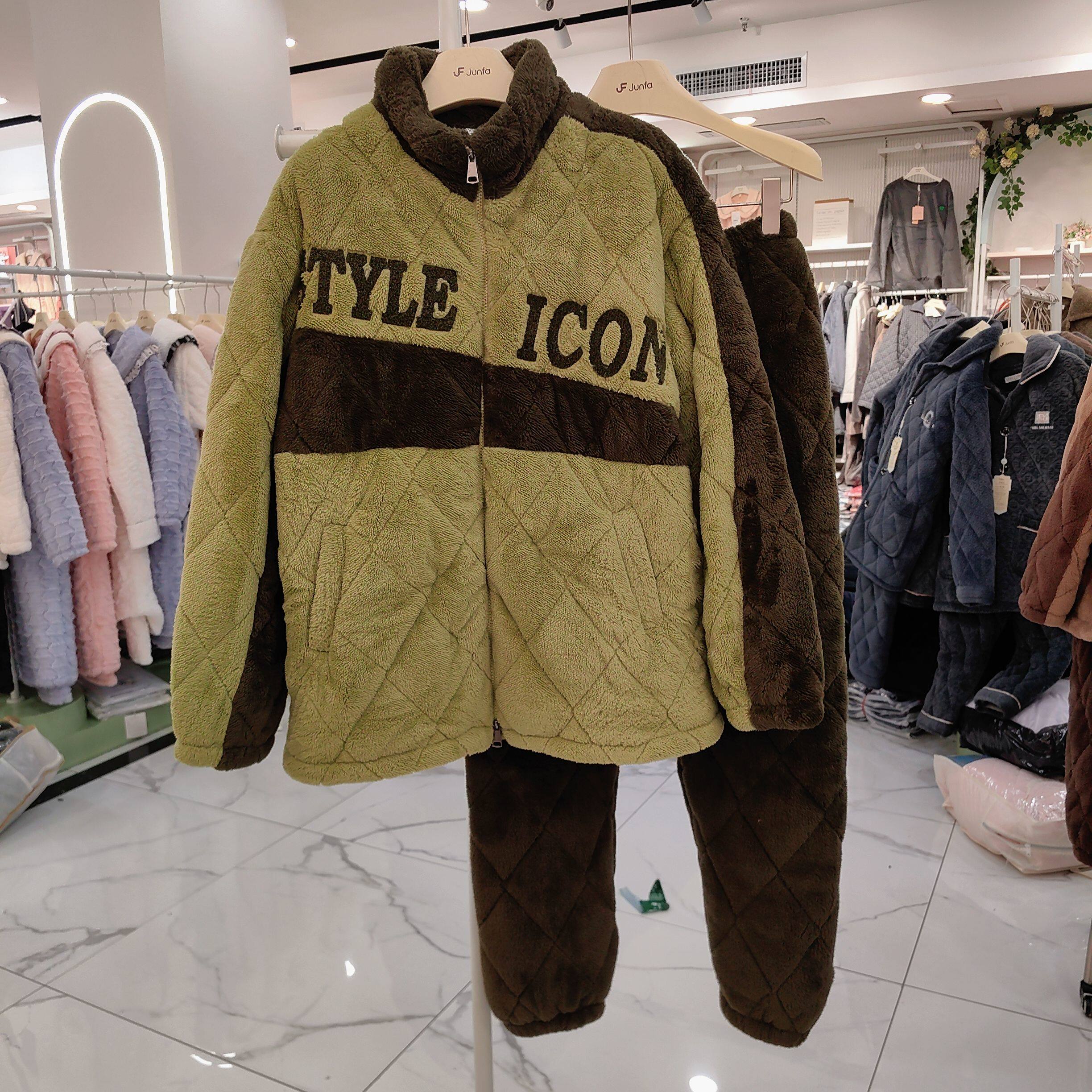 斯服玛男士睡衣冬季三层夹棉袄加绒加厚美狐绒家居服套装特价省服