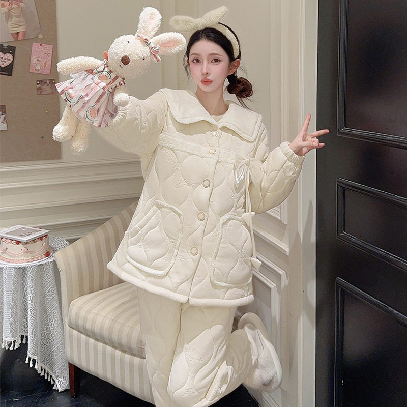 薇尔妮丝冬季珊瑚绒三层夹棉睡衣女士加绒加厚保暖开衫家居服套装