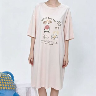2026佐美妮圆领卡通印花短袖宽松睡裙夏季女士莱赛尔家居服裙1442