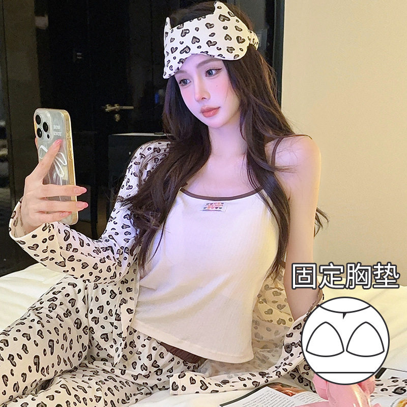 薇尔妮丝长袖睡衣女春夏纯欲吊带提花棉豹纹爱心印花带胸垫家居服