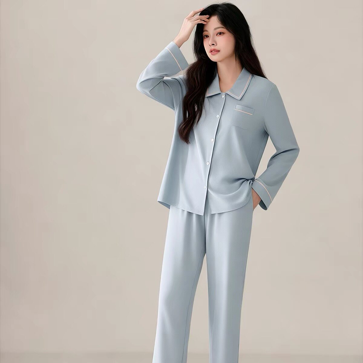 绮瑞女秋季纯棉长袖翻领开衫睡衣