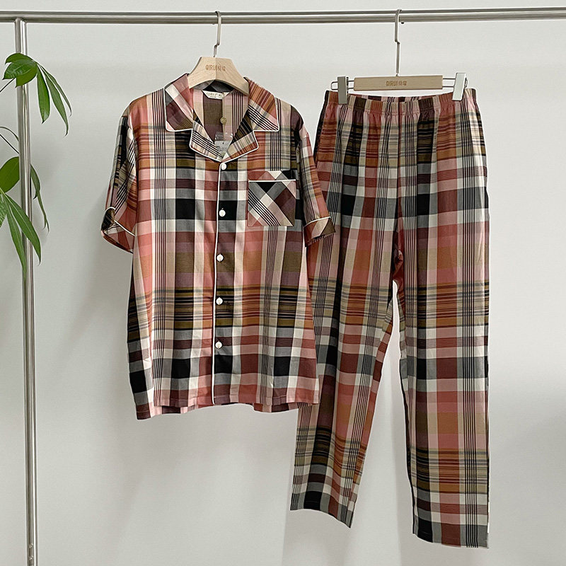 绮瑞春夏季男士短袖长裤睡衣休闲格子开衫大码梭织薄棉家居服套装