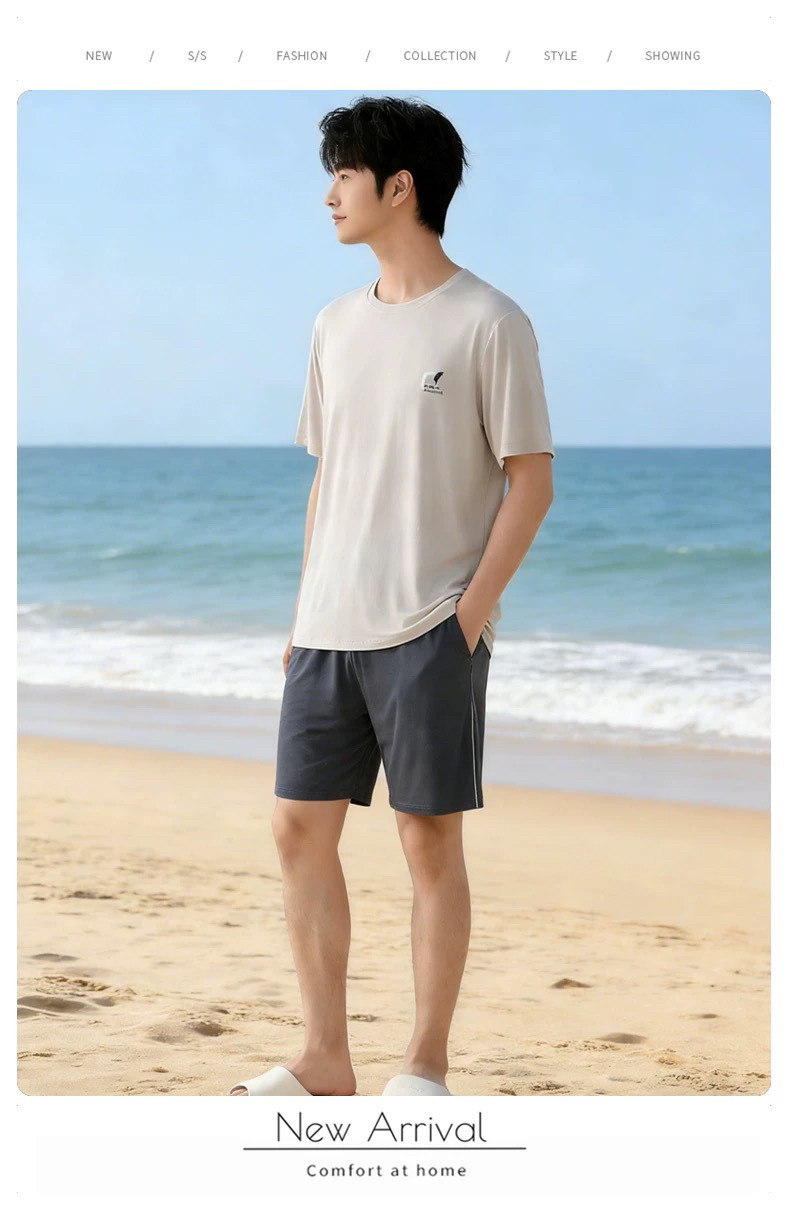 绮瑞男士2026夏季新品家居服莱赛尔短袖短裤休闲圆领薄款睡衣套装