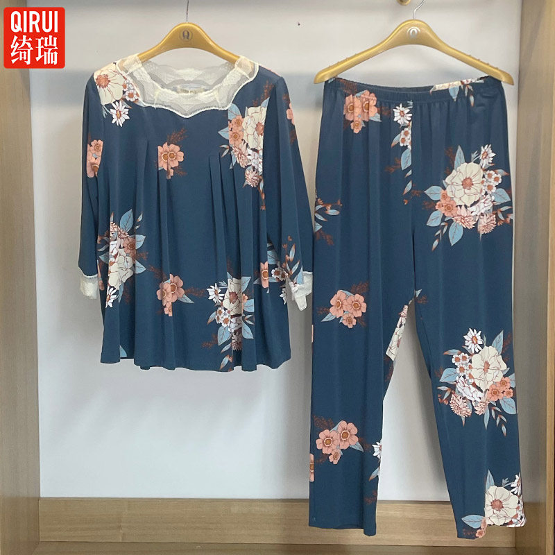 绮瑞家居服女士春秋季莫代尔棉八分袖长裤大码印花宽松睡衣女套装