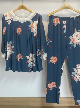绮瑞家居服女士春秋季莫代尔棉八分袖长裤大码印花宽松睡衣女套装