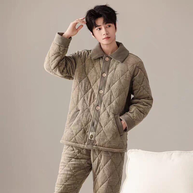 绮瑞男士冬季加绒加厚长袖夹棉睡衣套装珊瑚绒空气棉棉服棉袄套装