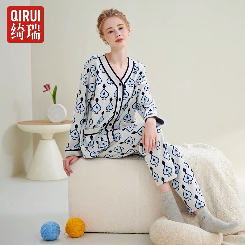 绮瑞男女情侣针织棉时尚长袖睡衣
