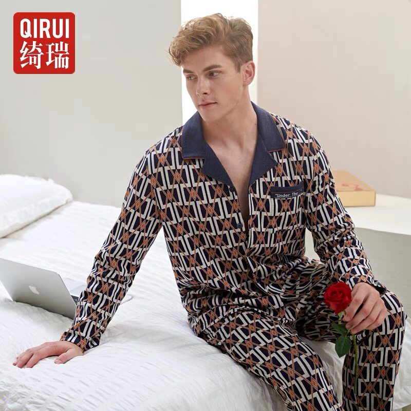 绮瑞男士针织纯棉格子长袖家居服