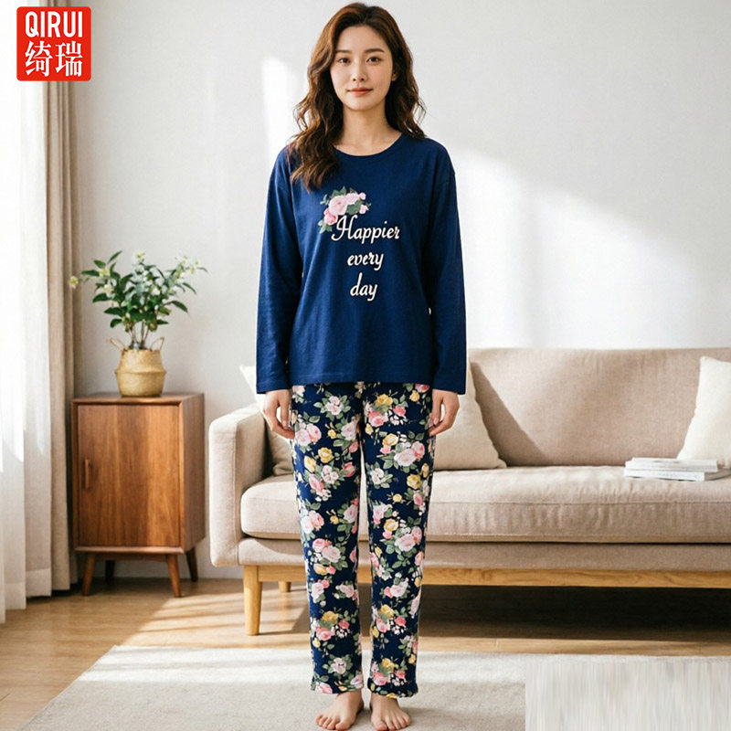 绮瑞女士圆领印花纯棉长袖睡衣