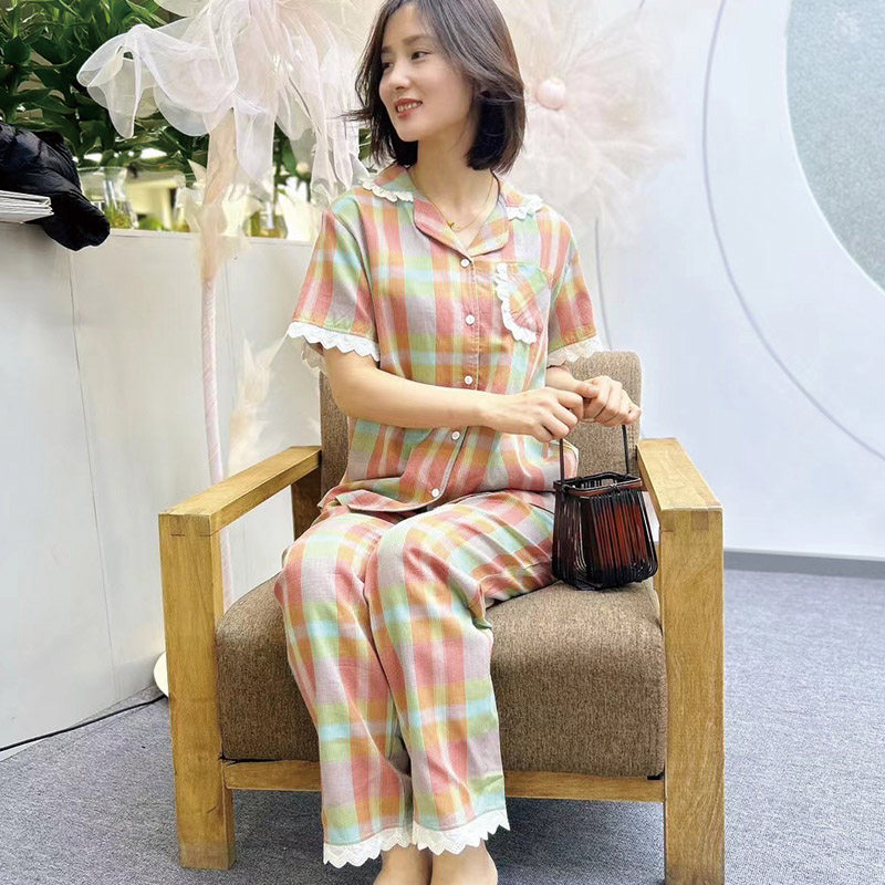绮瑞女士夏季梭织棉布彩色格子翻领开衫甜美风短袖长裤家居服套装