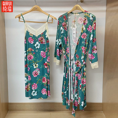绮瑞女士性感可调节吊带睡裙两件套睡袍印花女莫代尔宽松外披睡衣