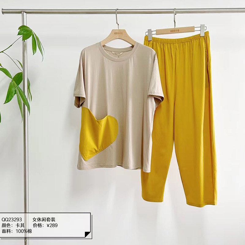 绮瑞女夏纯棉薄款短袖九分裤睡衣