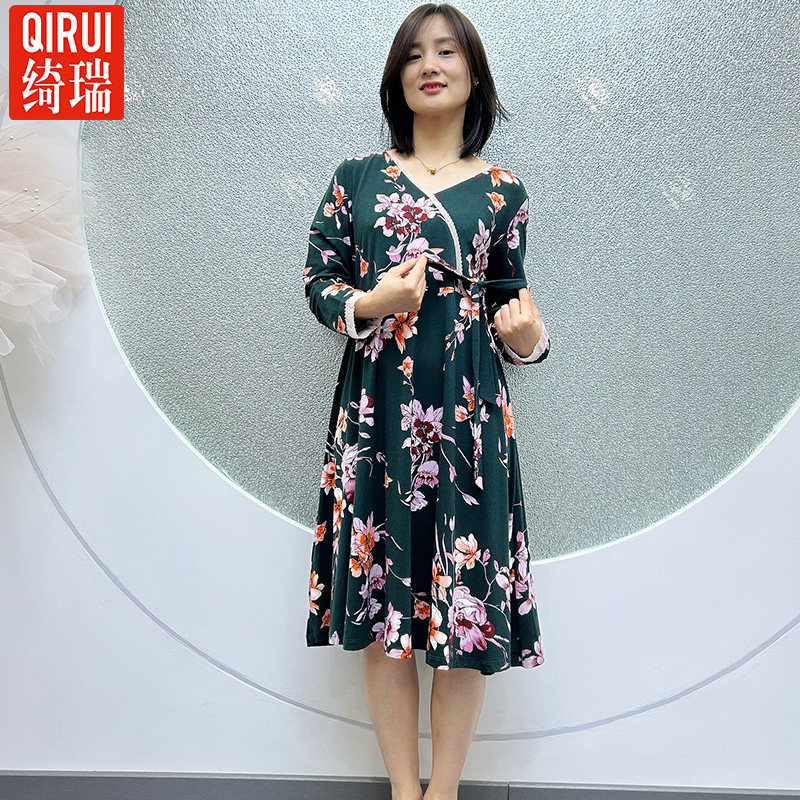 绮瑞女士春季莫代尔薄棉时尚印花大码睡裙简约休闲可外穿女中长裙