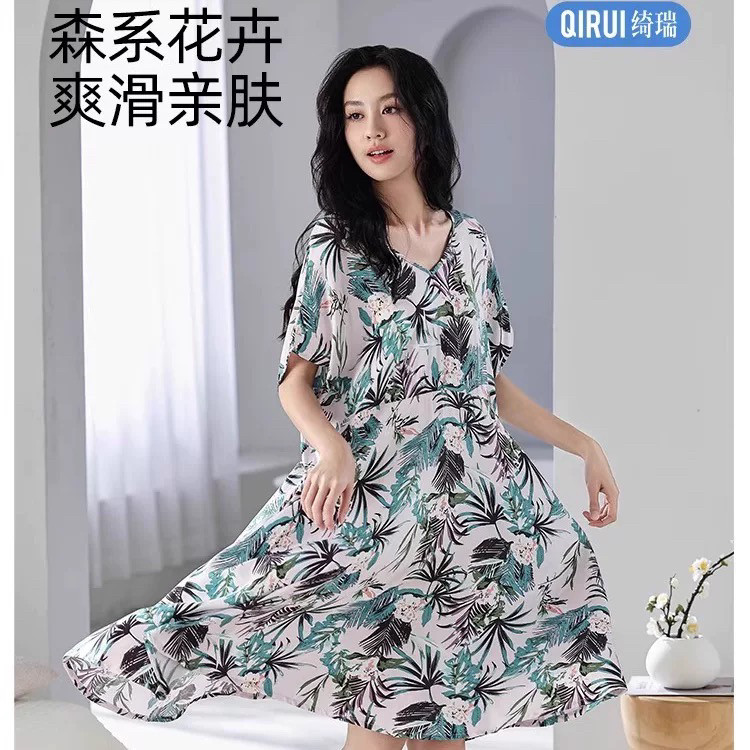 绮瑞睡衣女夏季睡裙梭织人棉薄款亲肤透气可外穿海滩风宽松女睡衣