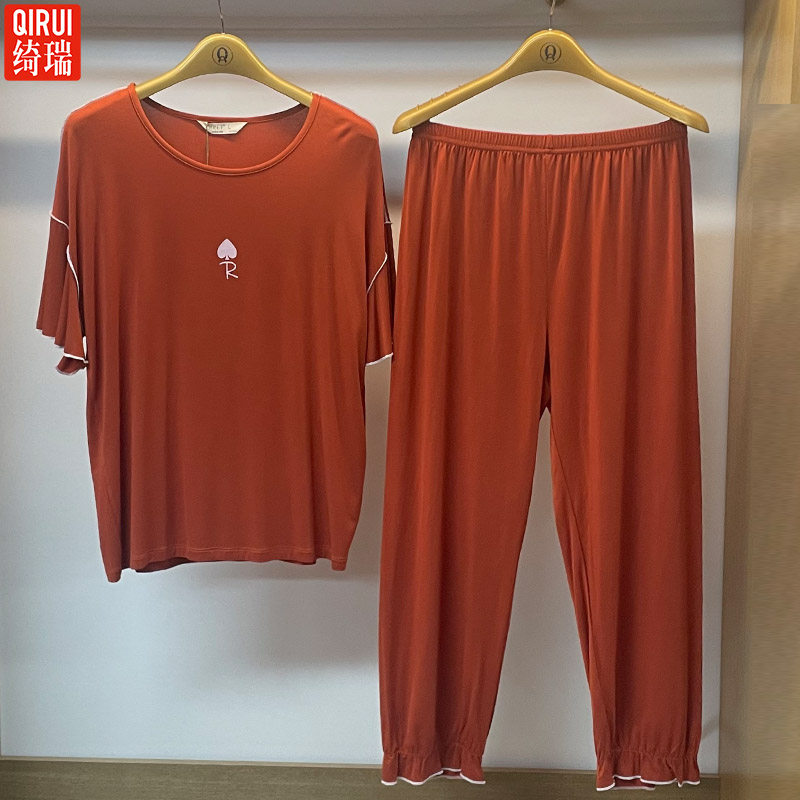 绮瑞家居服女士夏季莫代尔薄款短袖长裤圆领套头休闲睡衣夏天睡裙