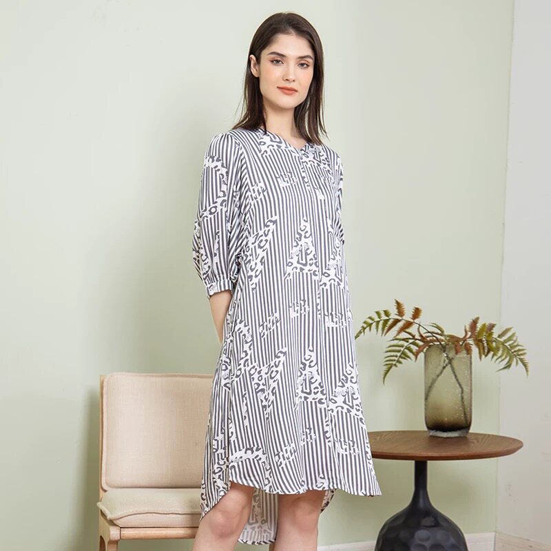 绮瑞正品家居服女士七分袖V领梭织薄款宽松睡裙无弹力轻薄女睡衣