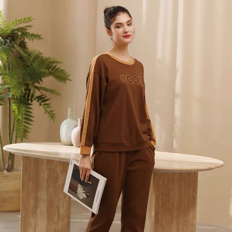 绮瑞女士秋冬季纯棉长袖长裤圆领休闲睡衣甜美运动可外穿女家居服