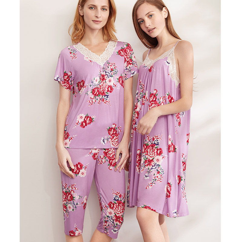 绮瑞浅紫色莫代尔蕾丝花边家居服